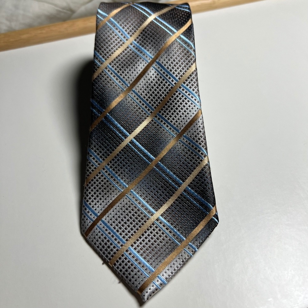 John Ashford Mens Necktie Plaid Textured Grey Blue Gold One Size
